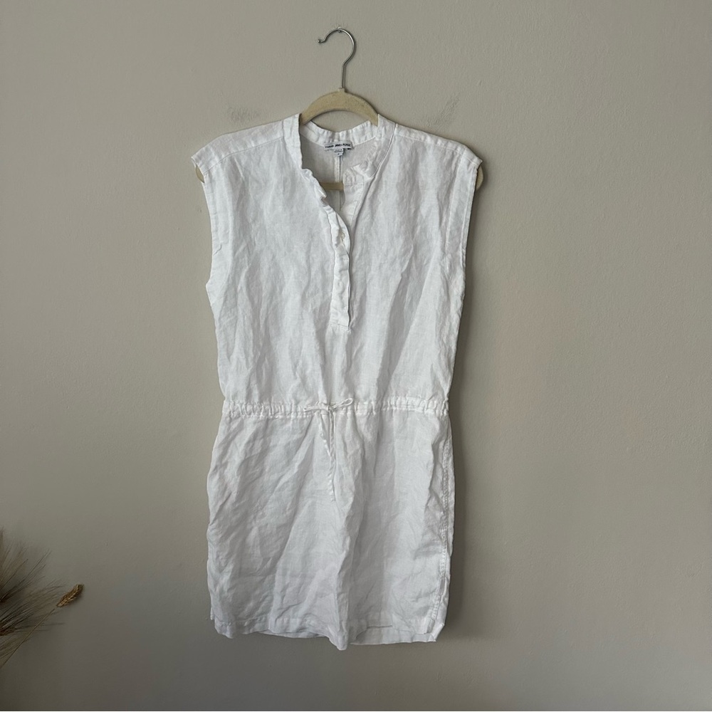 JAMES PERSE 100% Linen Drawstring Dress White Drop Waist Tie Waist Button Front - Picture 2 of 10